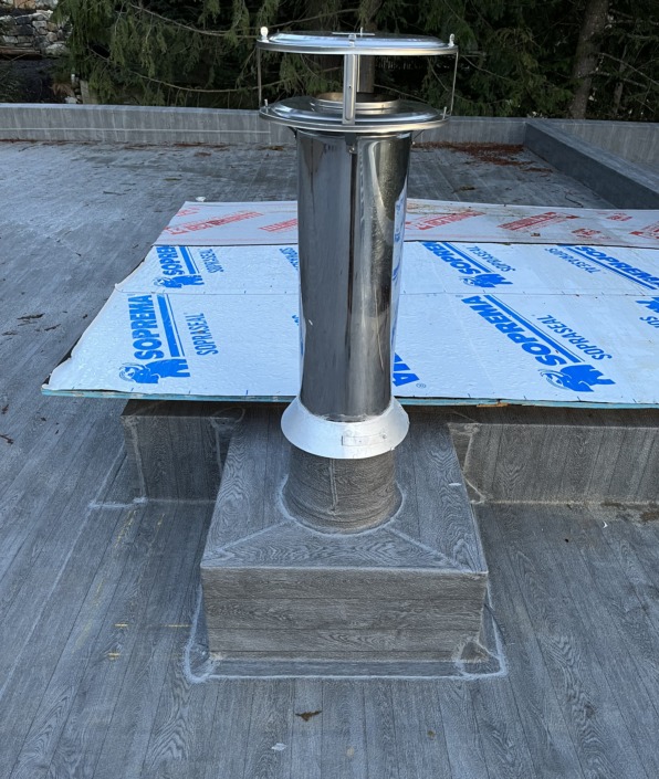Chimney Stack Wrap Attached to Skylight Wrap - Roof Deck - Britannia Beach - 66 Mil Grey Pearl Plank Armor Deck