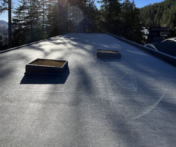 After Installation - Vinyl Roof Deck in 66 Grey Pearl Plank with Wrapped Skylight Boxes - Squamish